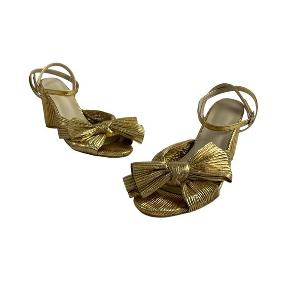 Unbranded Women's Gold Lame Bow Pleated Block Heeled Sandals Sz 42 - Picture 1 of 10